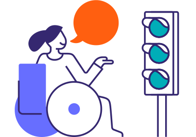 Ilustración de sección propuestas, una mujer en silla de ruedas frente a un semáforo hablando
